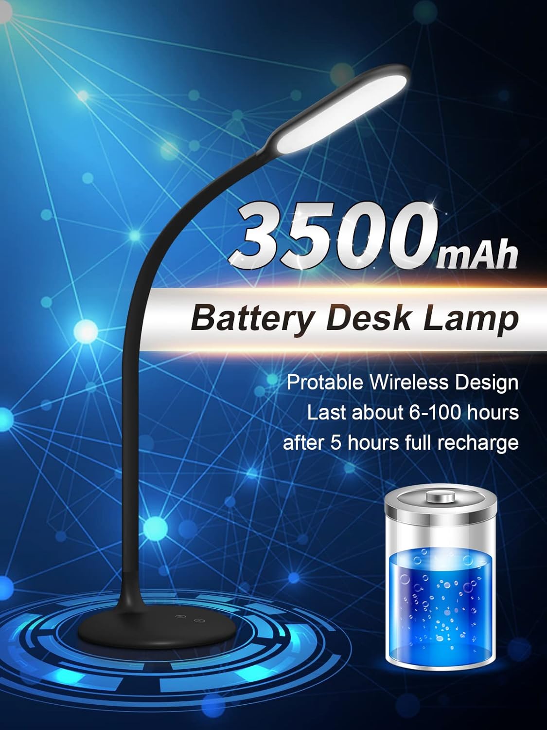 Cordless Rechargeable LED Desk Lamp with Stepless Dimming W4453