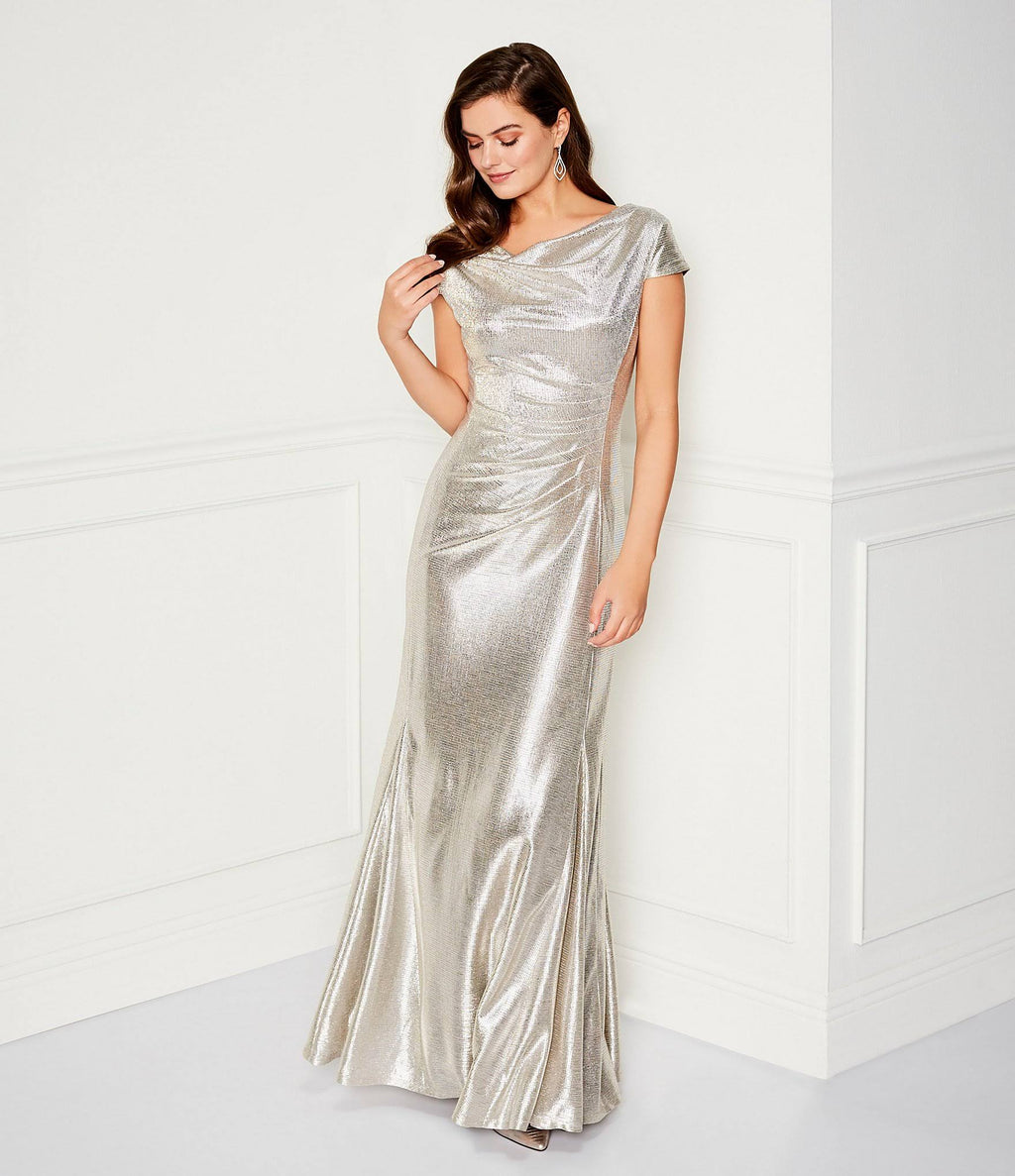 Long Cap-Sleeve Metallic Knit Gown W7570