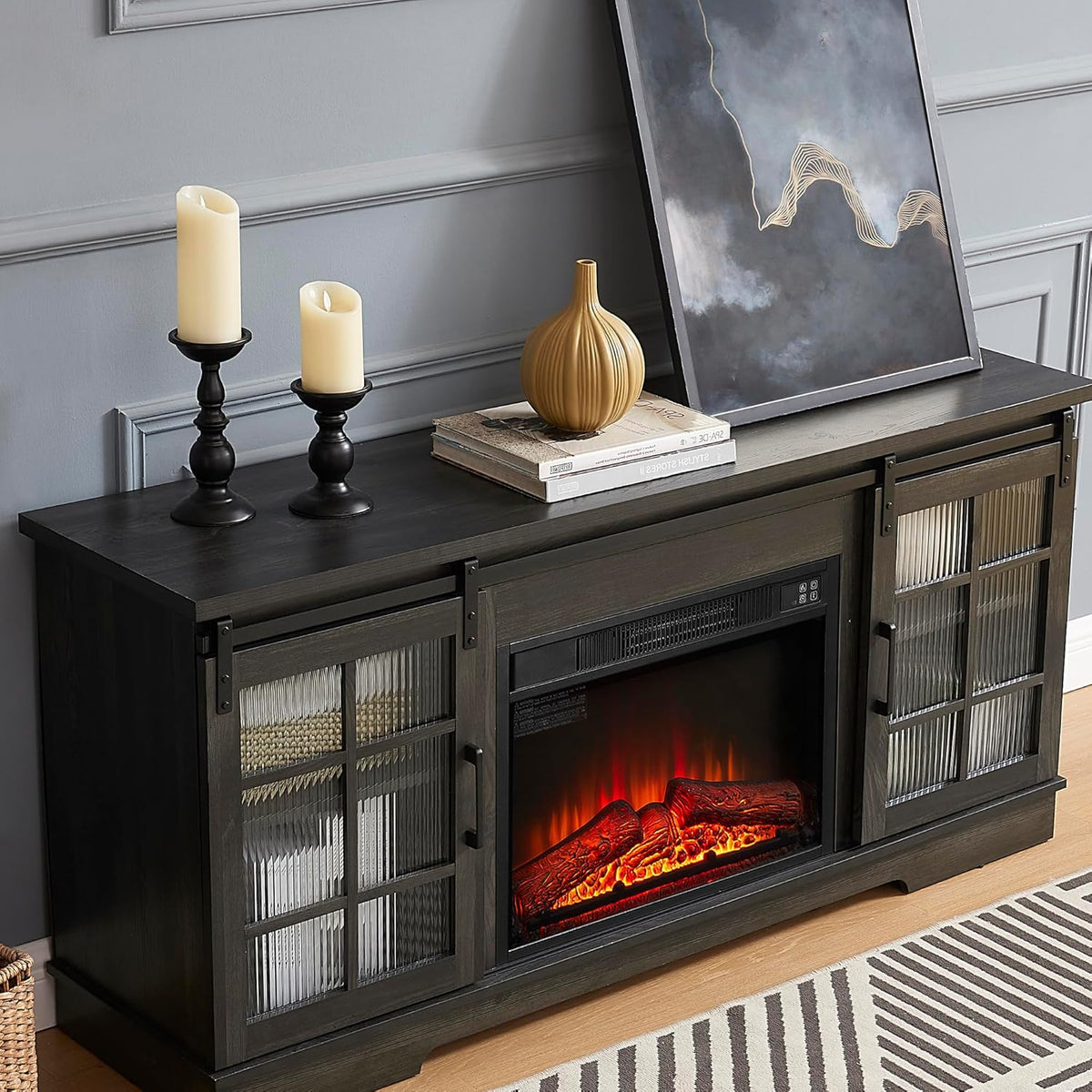 Charcoal Grey Fireplace TV Stand with Storage Drawers and Sliding Door M5762