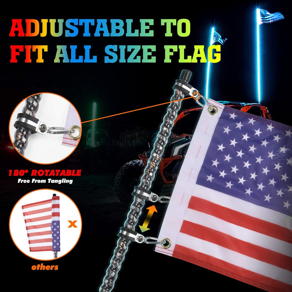 LED Whip Lights with Bluetooth and Flag Pole, 366+ Lighting Modes RGB, 2pcs 3ft V309