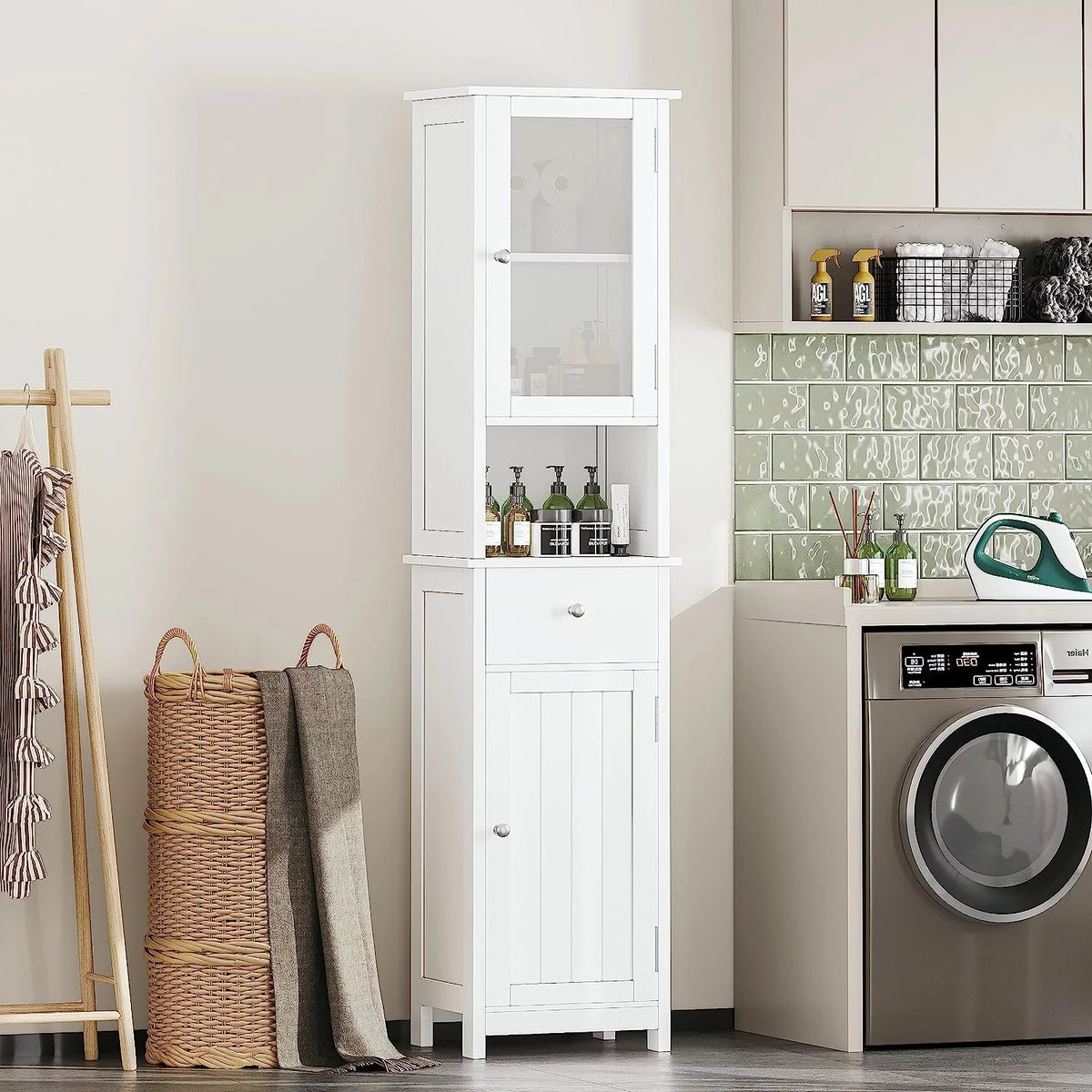 White Tall Bathroom Floor Cabinet with Glass Doors K144904