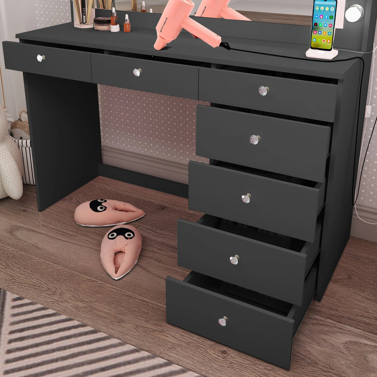 Black Makeup Vanity Table with Crystal Knobs L45155
