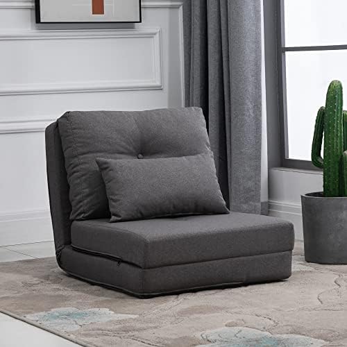Convertible Flip Chair Floor Lazy Sofa Folding Upholstered Couch Bed with Adjustable Backrest Metal Frame and Pillows Dark Grey D7958