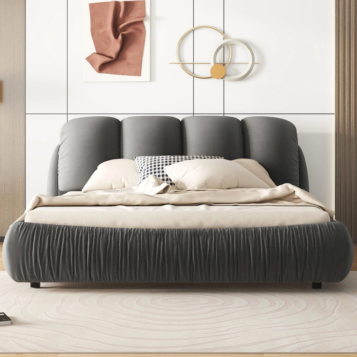 King Size Velvet Upholstered Bed with Padded Headboard Y1932