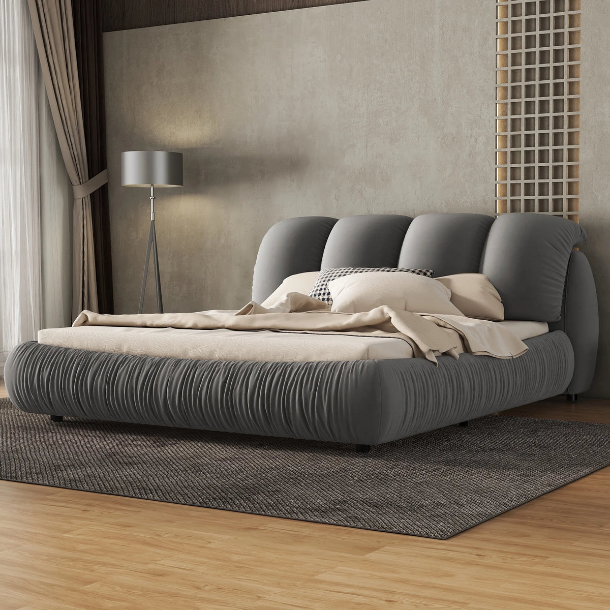 King Size Velvet Upholstered Bed with Padded Headboard Y1932