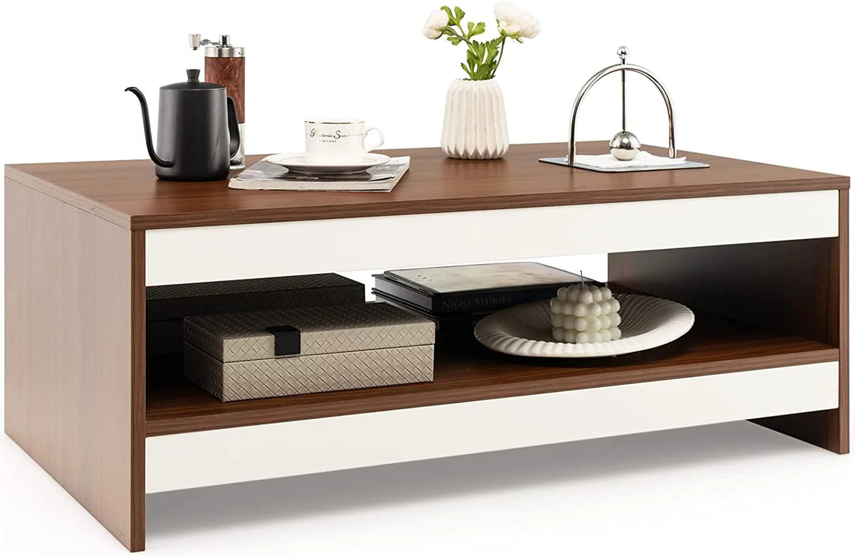 37 Inch Two-Tier Wooden Coffee Table with Storage Shelf E6038