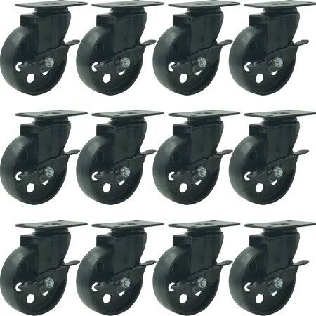 12 Black Metal Swivel Plate Caster Wheels with Brake Lock, 4 inch A13100