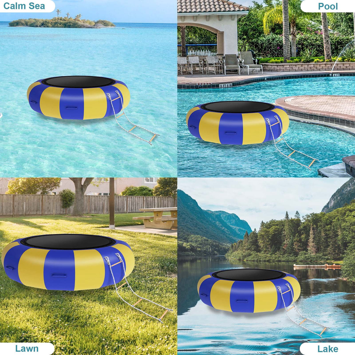 Blue & Yellow 10FT Inflatable Water Trampoline with 4-Step Ladder C576