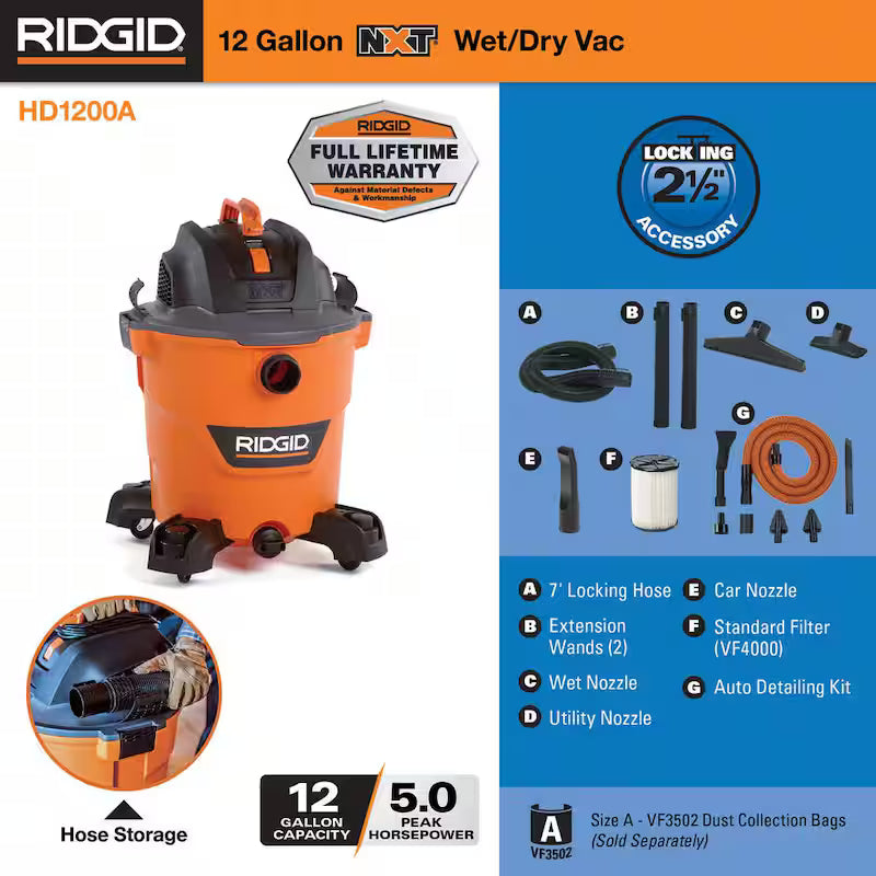 12 Gallon 5.0 Peak HP Wet/Dry Shop Vacuum with Hose and Accessories U613