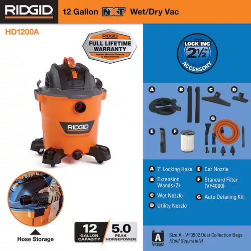12 Gallon 5.0 Peak HP Wet/Dry Shop Vacuum with Hose and Accessories U613