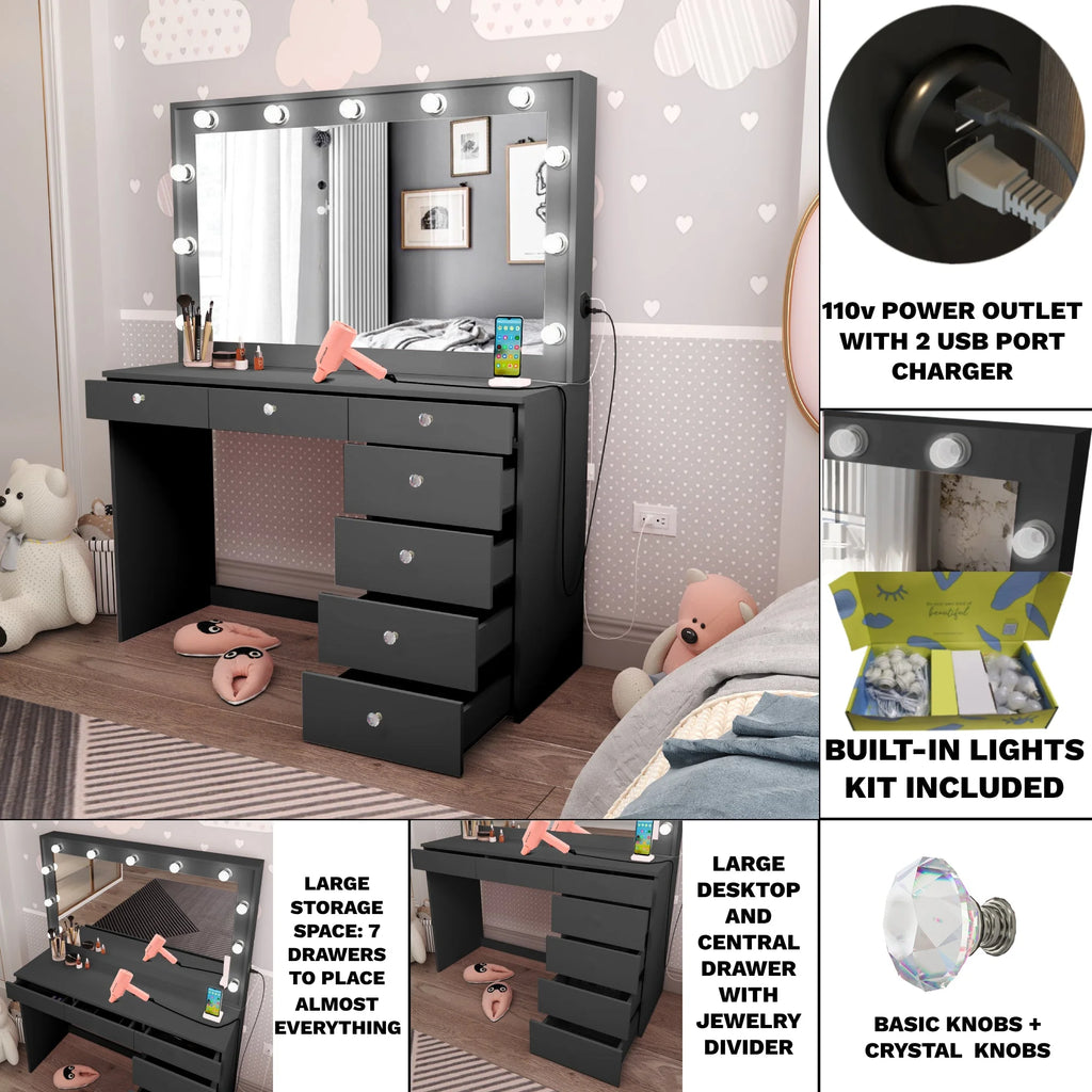 Black Makeup Vanity Table with Crystal Knobs L45155