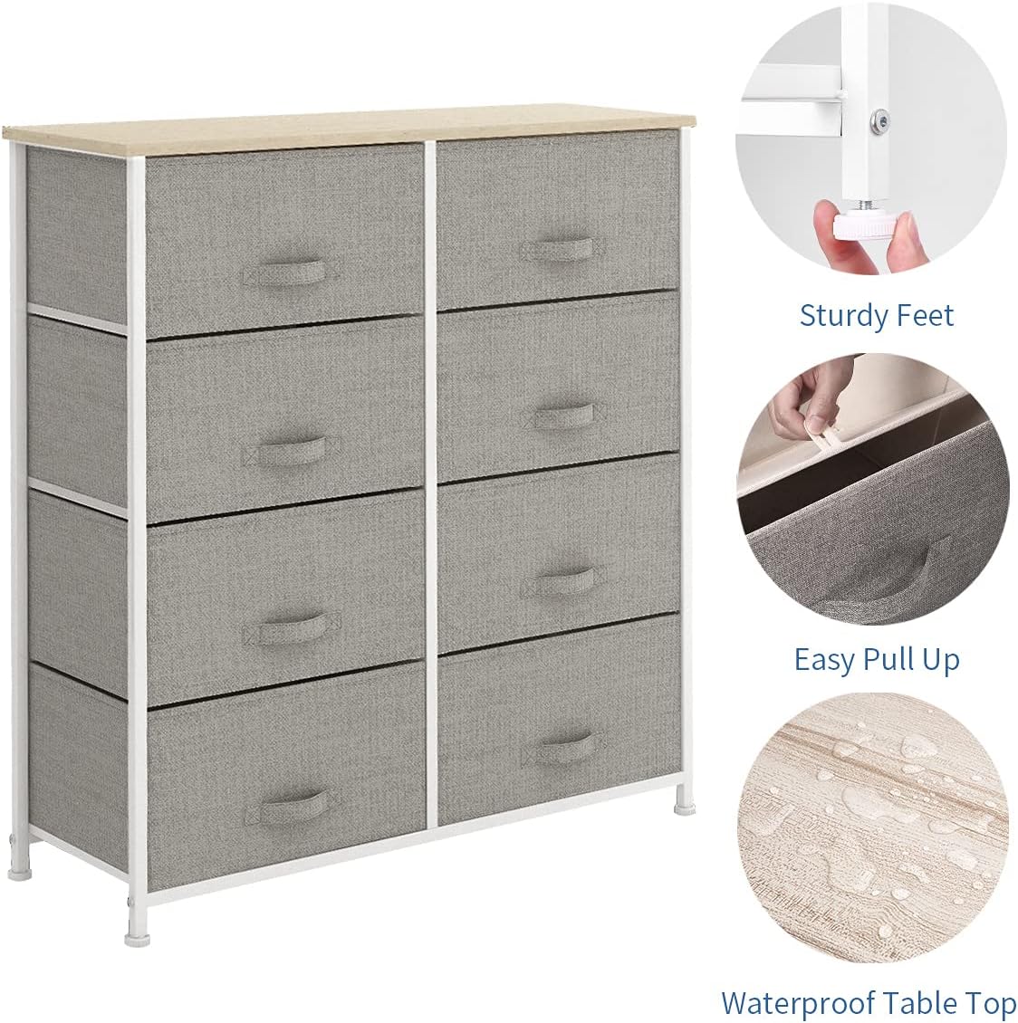 Light grey 8 Drawer Fabric Dresser with Steel Frame and Wooden Top T72017