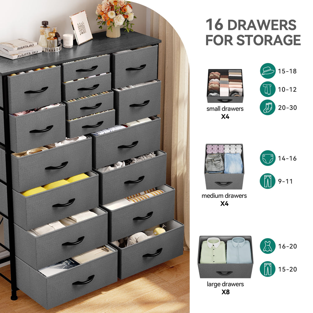 16 Drawer Fabric Dresser with Metal Frame and Wooden Top I7478