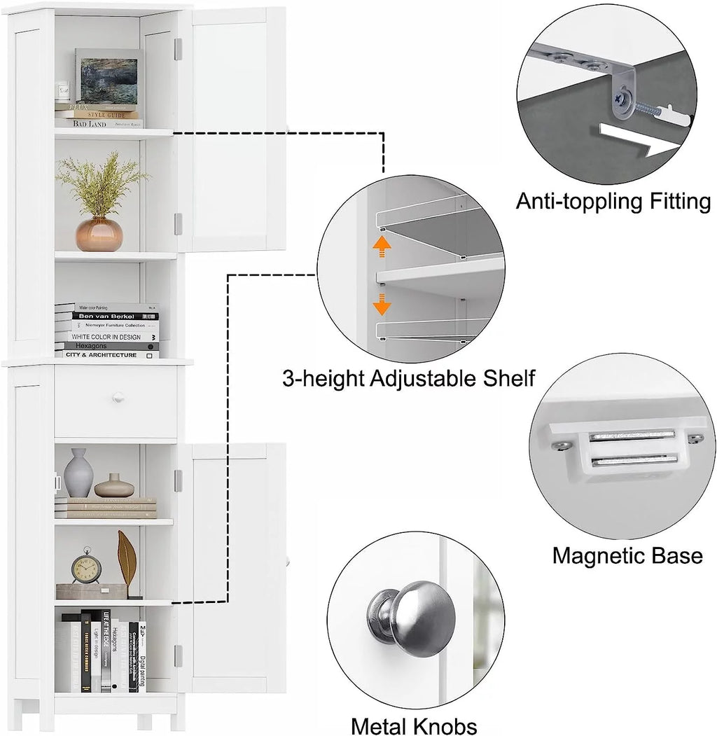 White Tall Bathroom Floor Cabinet with Glass Doors K144904