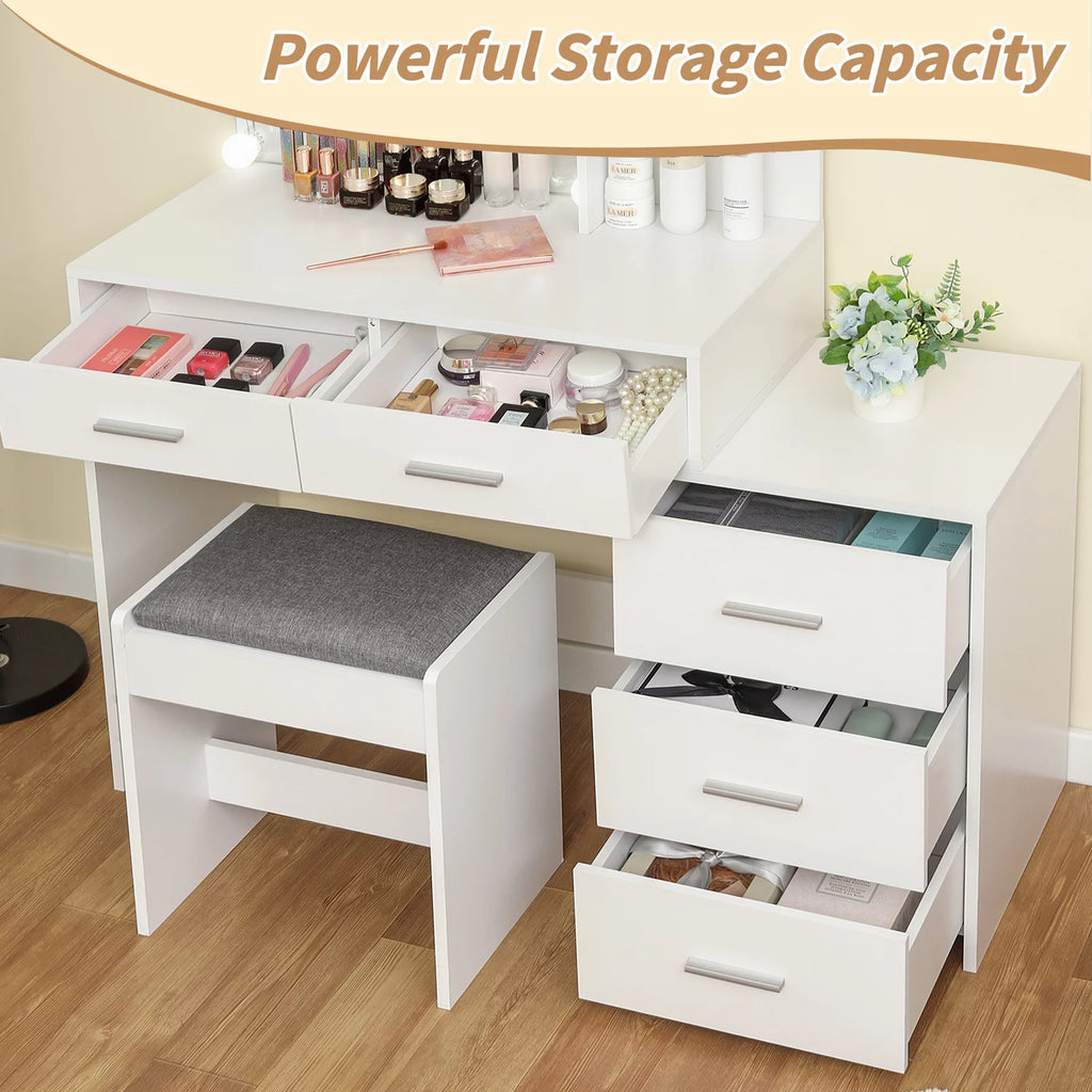 Large Vanity Set with 10 LED Lights, 3-Drawer Chest, Cushioned Stool, White E603122