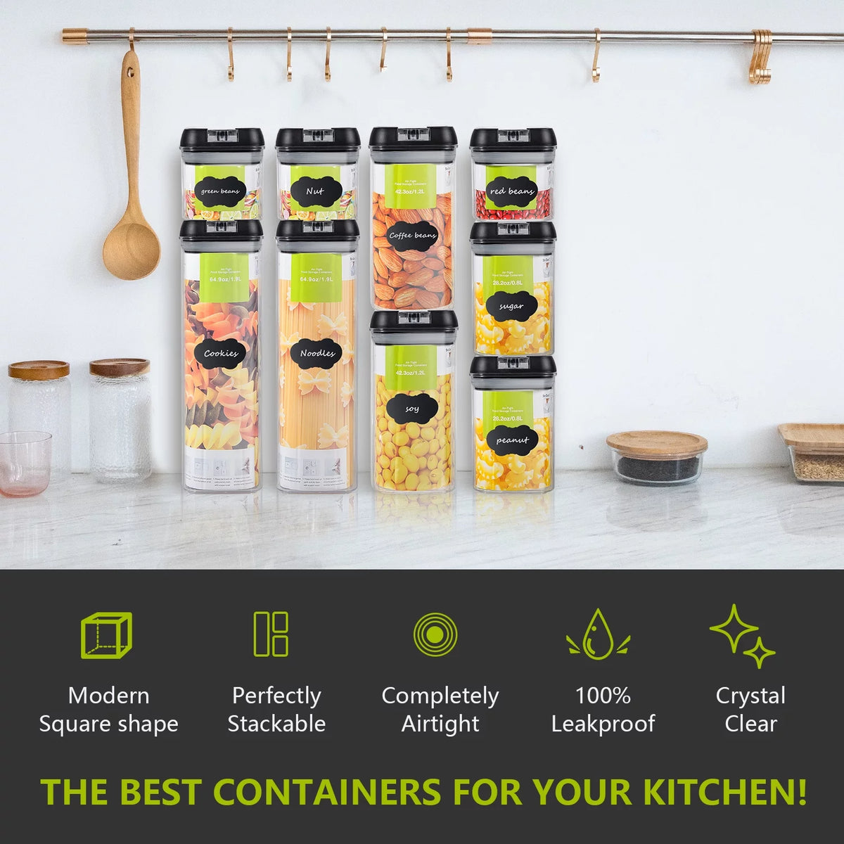 9 Pc Clear Plastic Airtight Food Container Set with Black Lid V27810