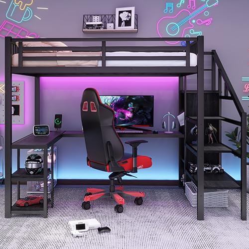 Full Size Black Metal Loft Bed with Desk and Stairs R910491