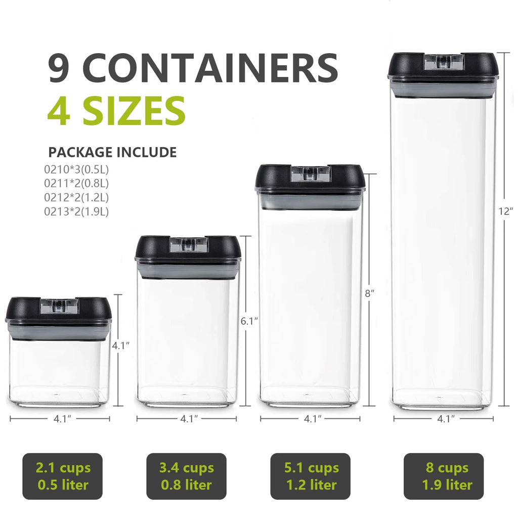 9 Pc Clear Plastic Airtight Food Container Set with Black Lid V27810