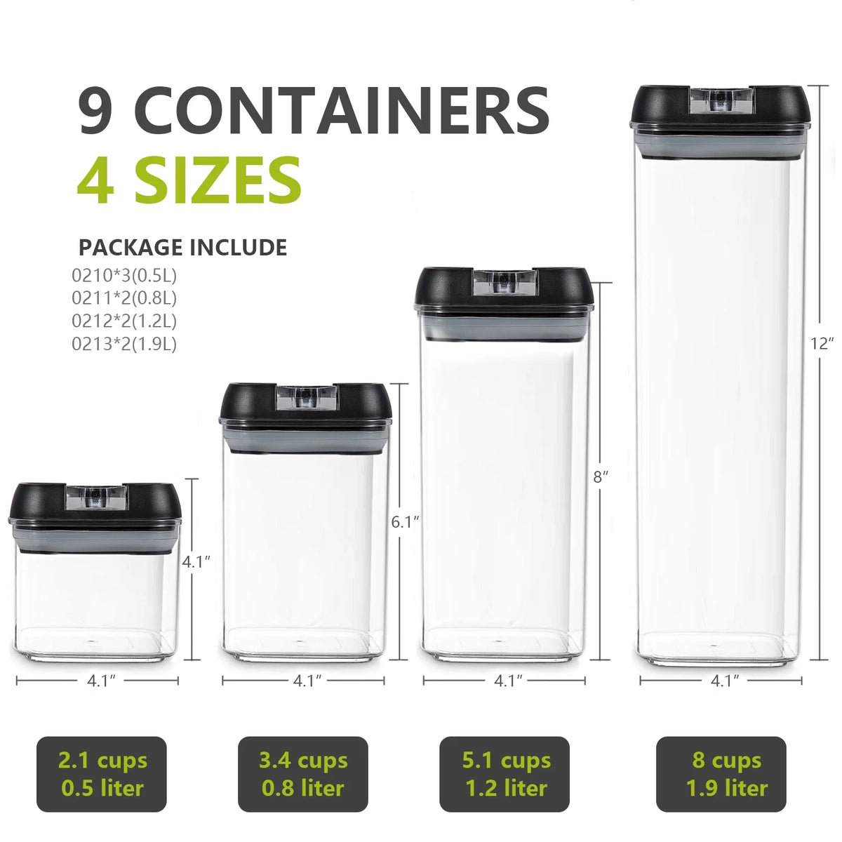 9 Pc Clear Plastic Airtight Food Container Set with Black Lid V27810