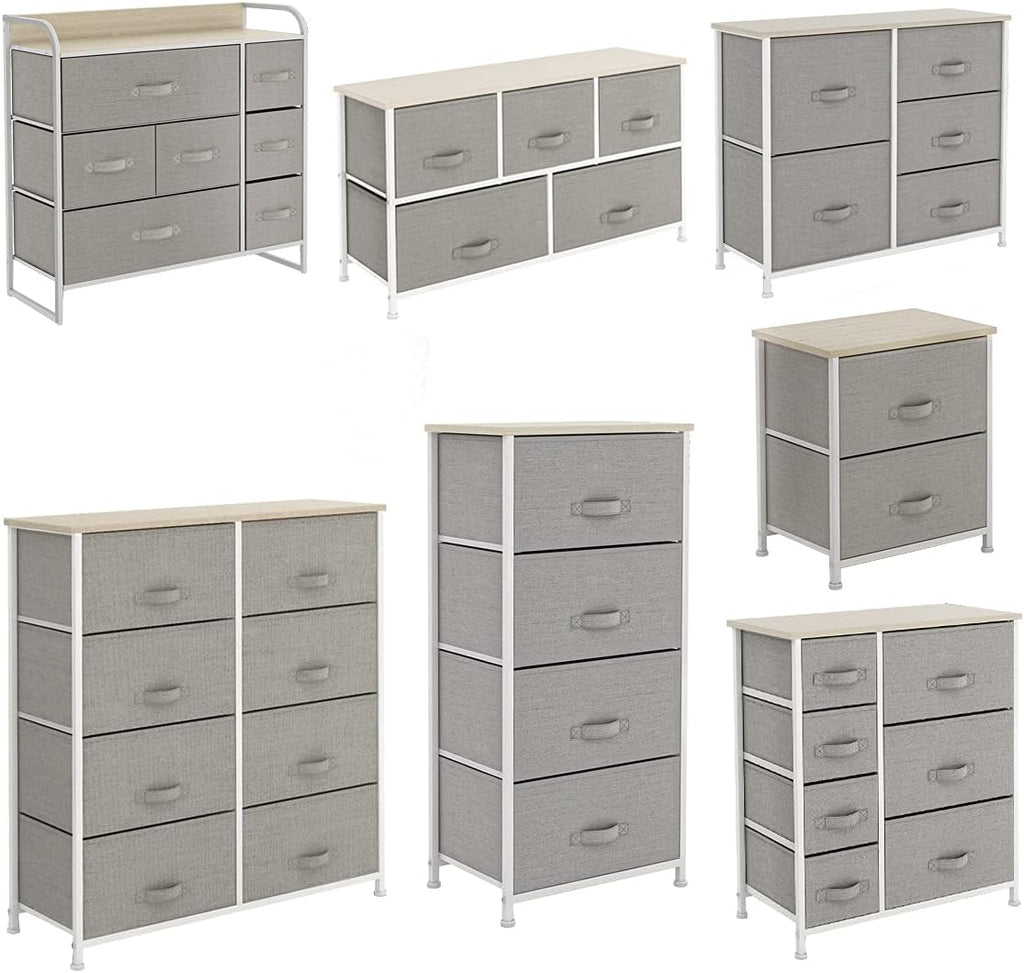 Light grey 8 Drawer Fabric Dresser with Steel Frame and Wooden Top T72017