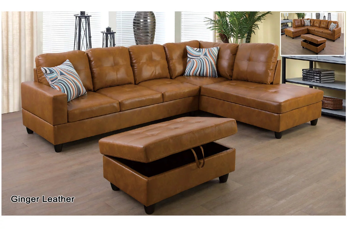 Ginger Leather Sectional Sofa Set with Storage Ottoman G7685