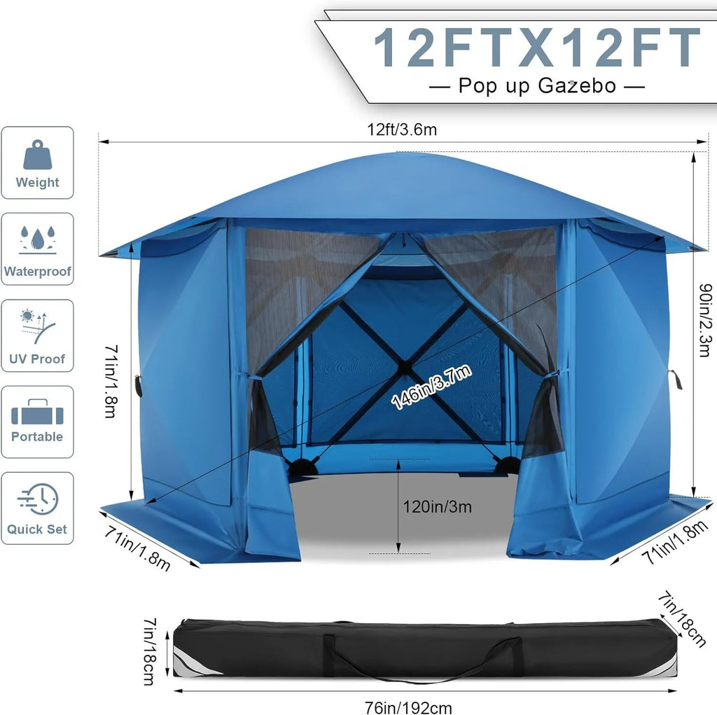 12x12 Pop-up Gazebo Screen Canopy Tent with 5 Sidewalls and Mosquito Nettings, Blue M476219