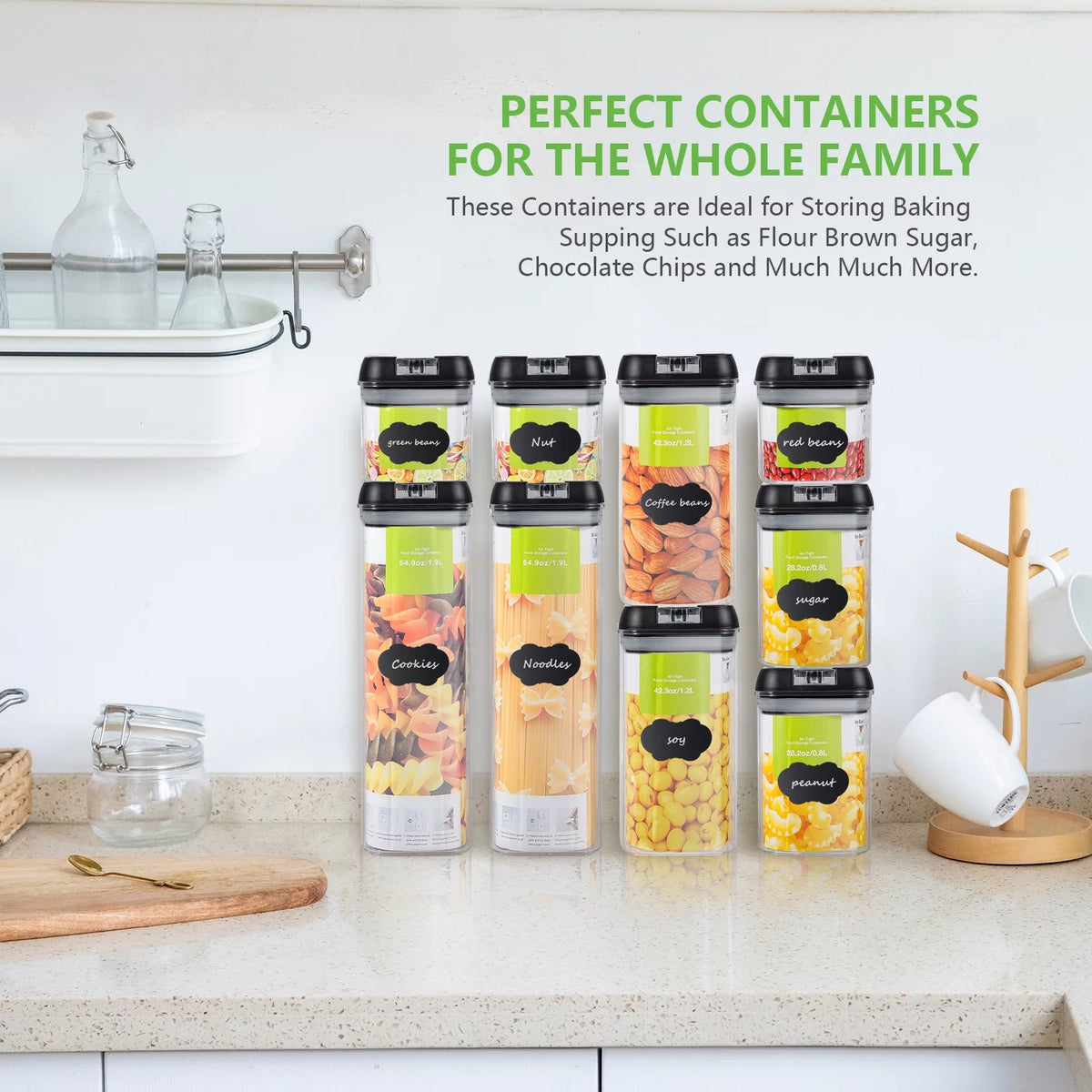 9 Pc Clear Plastic Airtight Food Container Set with Black Lid V27810
