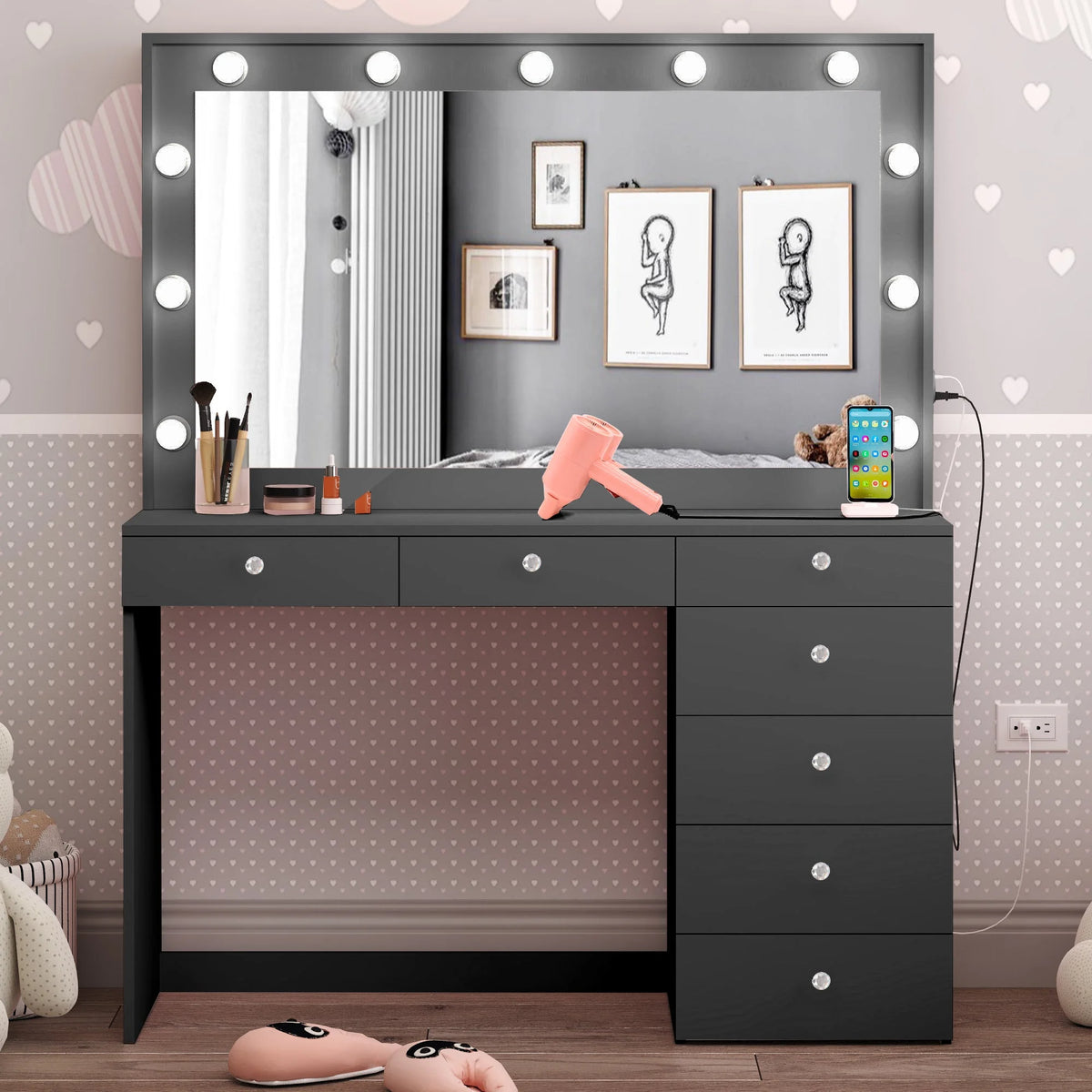 Black Makeup Vanity Table with Crystal Knobs L45155
