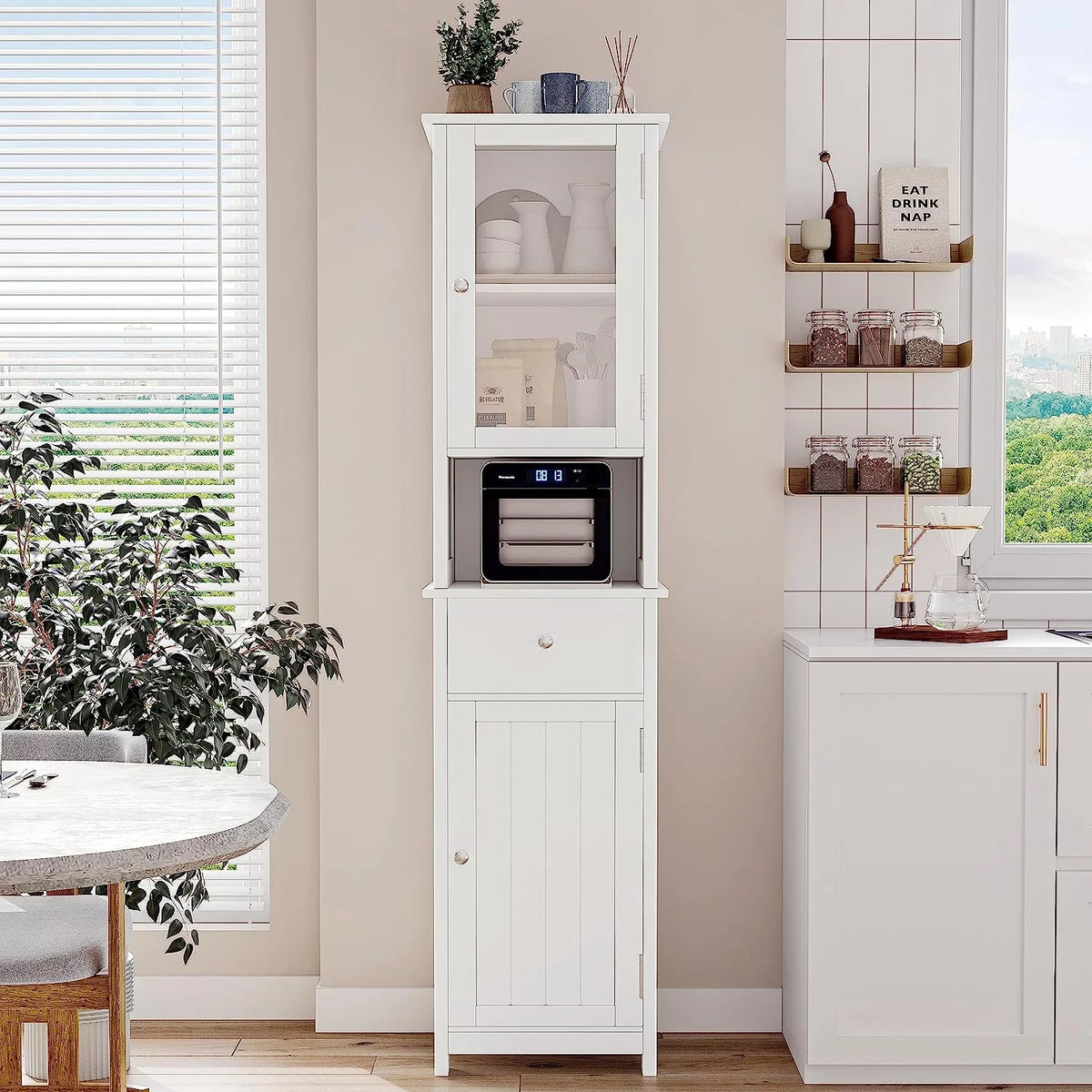 White Tall Bathroom Floor Cabinet with Glass Doors K144904
