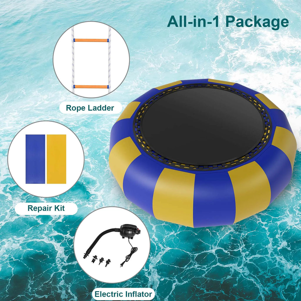 Blue & Yellow 10FT Inflatable Water Trampoline with 4-Step Ladder C576