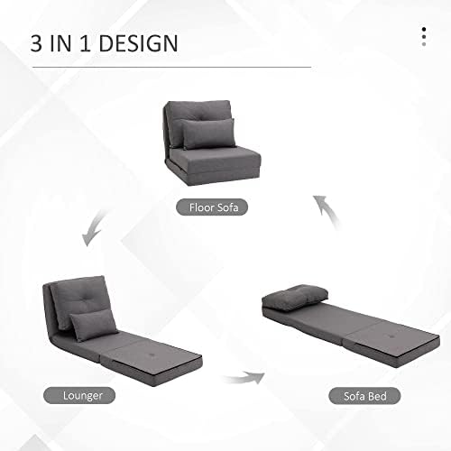 Convertible Flip Chair Floor Lazy Sofa Folding Upholstered Couch Bed with Adjustable Backrest Metal Frame and Pillows Dark Grey D7958