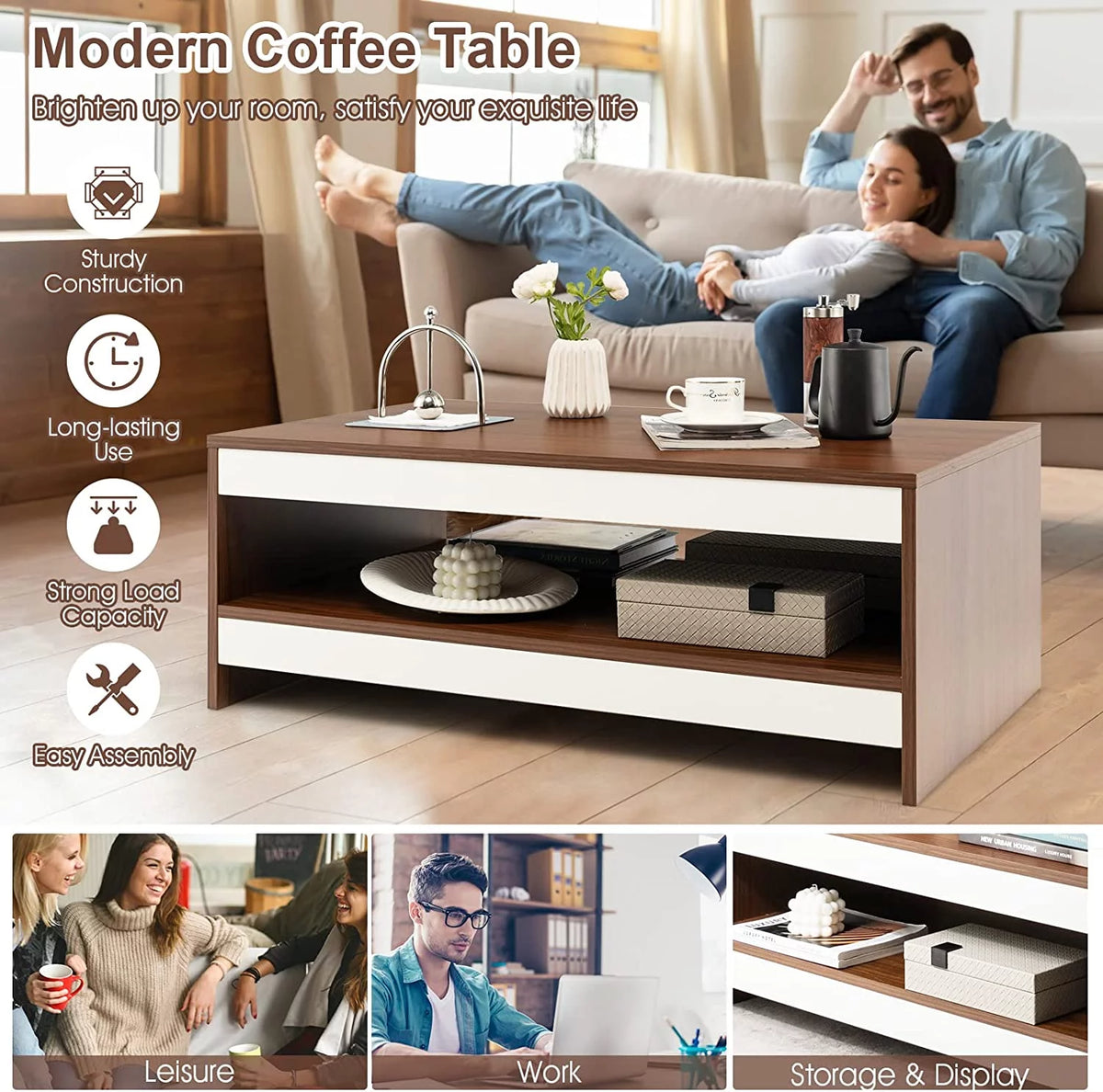37 Inch Two-Tier Wooden Coffee Table with Storage Shelf E6038