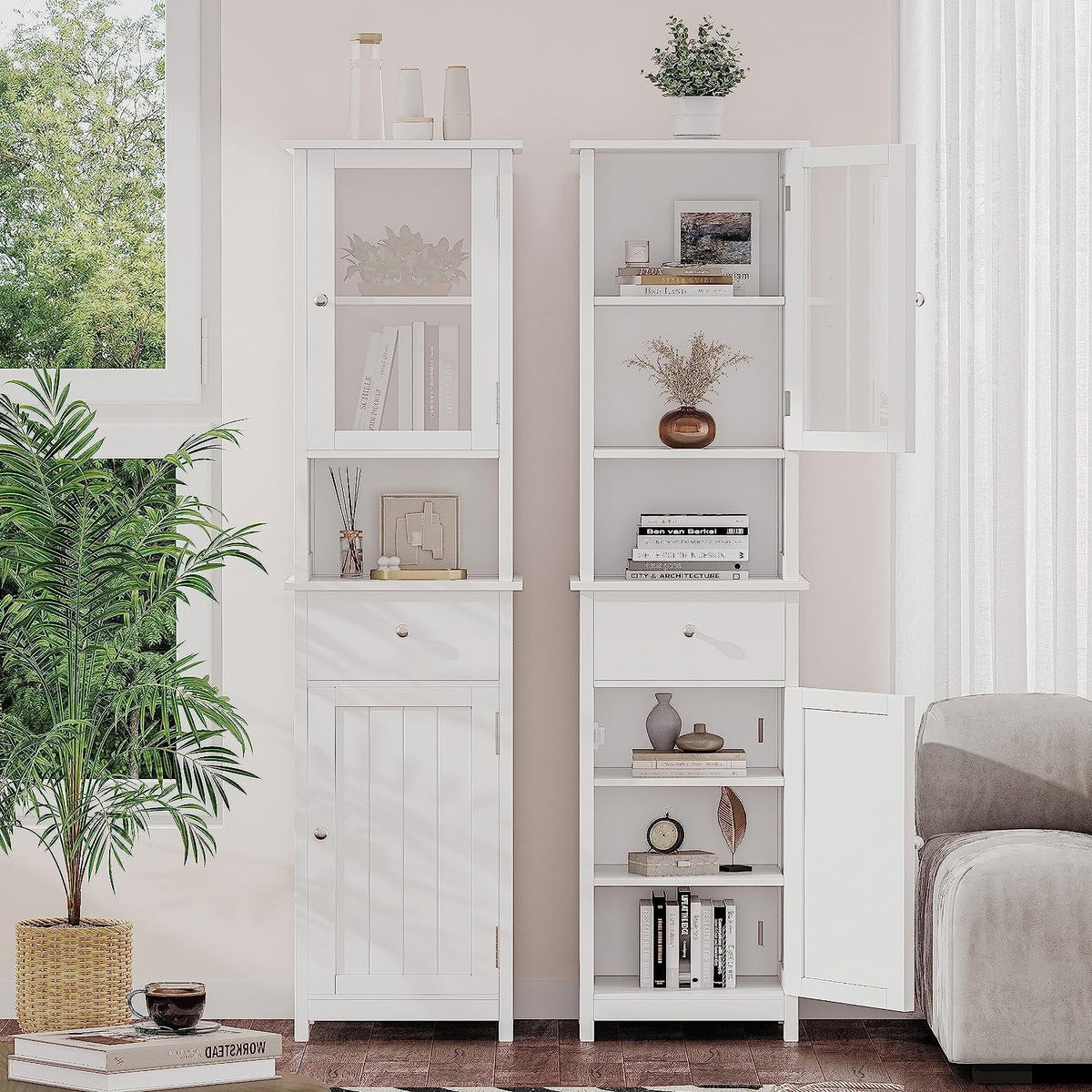 White Tall Bathroom Floor Cabinet with Glass Doors K144904