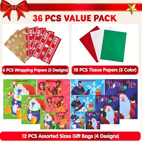 36 Pcs Christmas Bags with Tissue Papers and Tag N75507