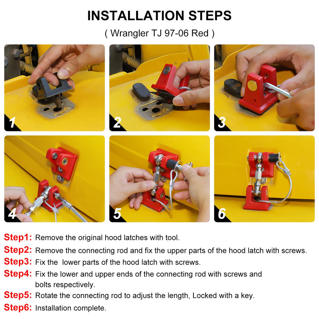 Red Aluminum Alloy Hood Latch Kit for Jeep Wrangle TJ, Pack of 2 T54067