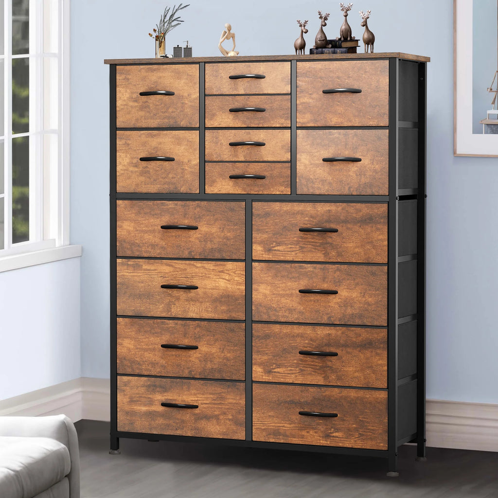 16 Drawer Fabric Dresser with Metal Frame and Wooden Top I7478