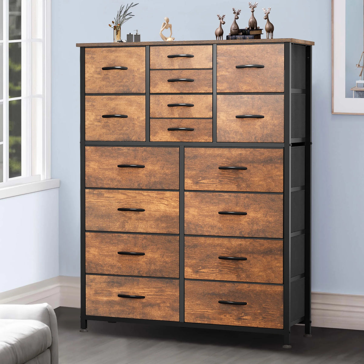 16 Drawer Fabric Dresser with Metal Frame and Wooden Top I7478