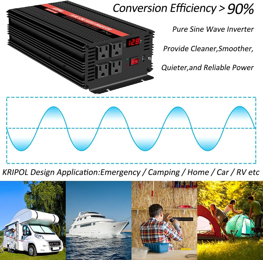 2000 Watt 12V DC to 110v/120v AC Power Inverter with 4 AC Outlets and USB Output Y968791