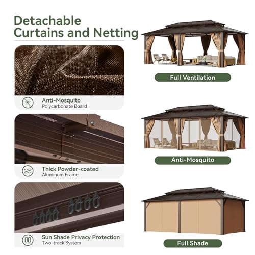 12'x10' Aluminum Hardtop Gazebo with Curtains and Netting Q259