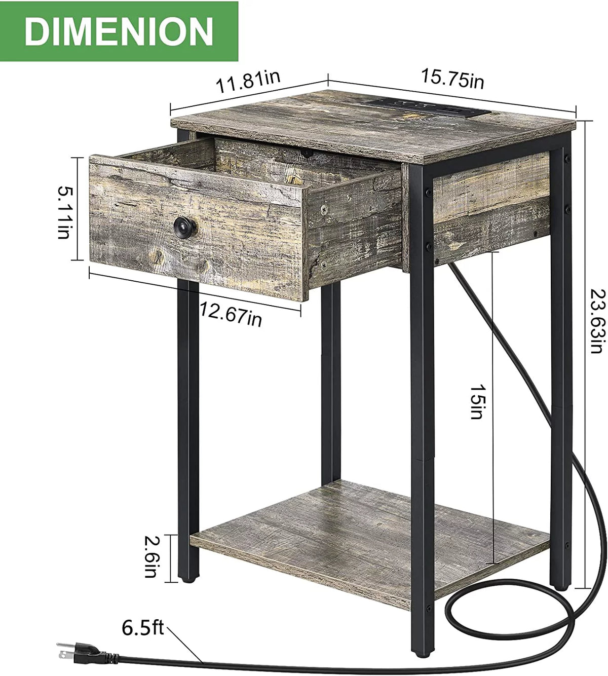 Gray Nightstand End Table with Charging Station and Drawer K57900