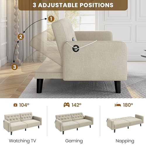 Beige Convertible Sofa Bed with USB Q129589