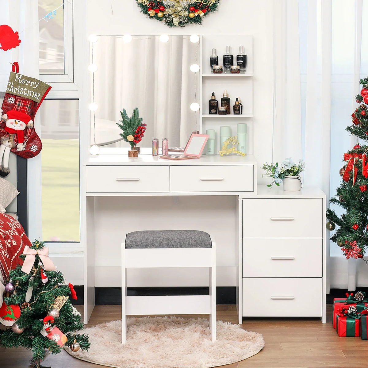 Large Vanity Set with 10 LED Lights, 3-Drawer Chest, Cushioned Stool, White E603122