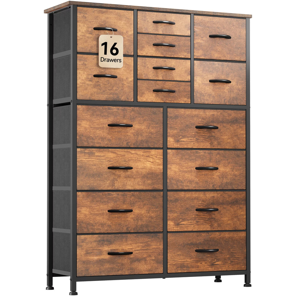 16 Drawer Fabric Dresser with Metal Frame and Wooden Top I7478