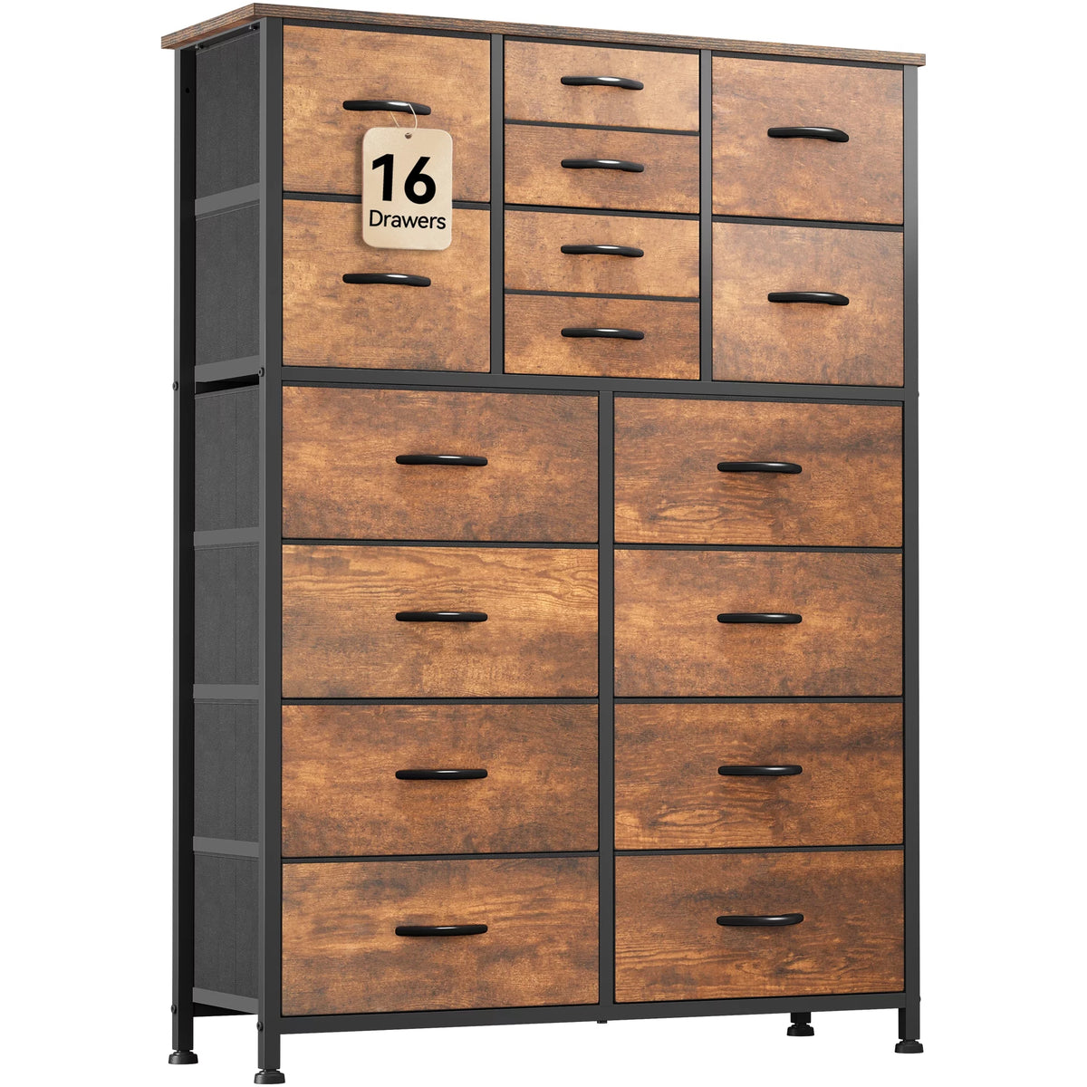 16 Drawer Fabric Dresser with Metal Frame and Wooden Top I7478