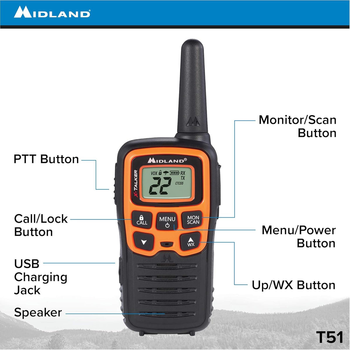 22 Channel FRS Walkie Talkie Two-Way Radio Orange/Black Pack of 6 C227
