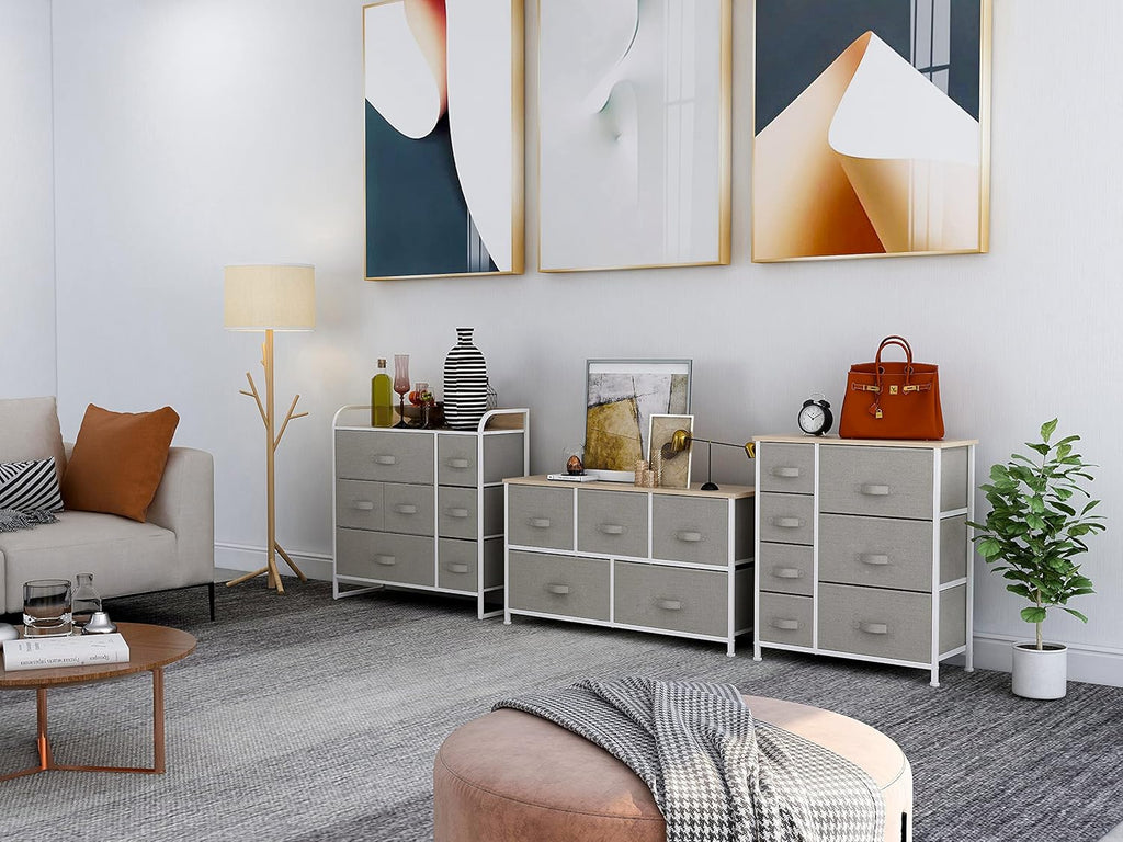 Light grey 8 Drawer Fabric Dresser with Steel Frame and Wooden Top T72017