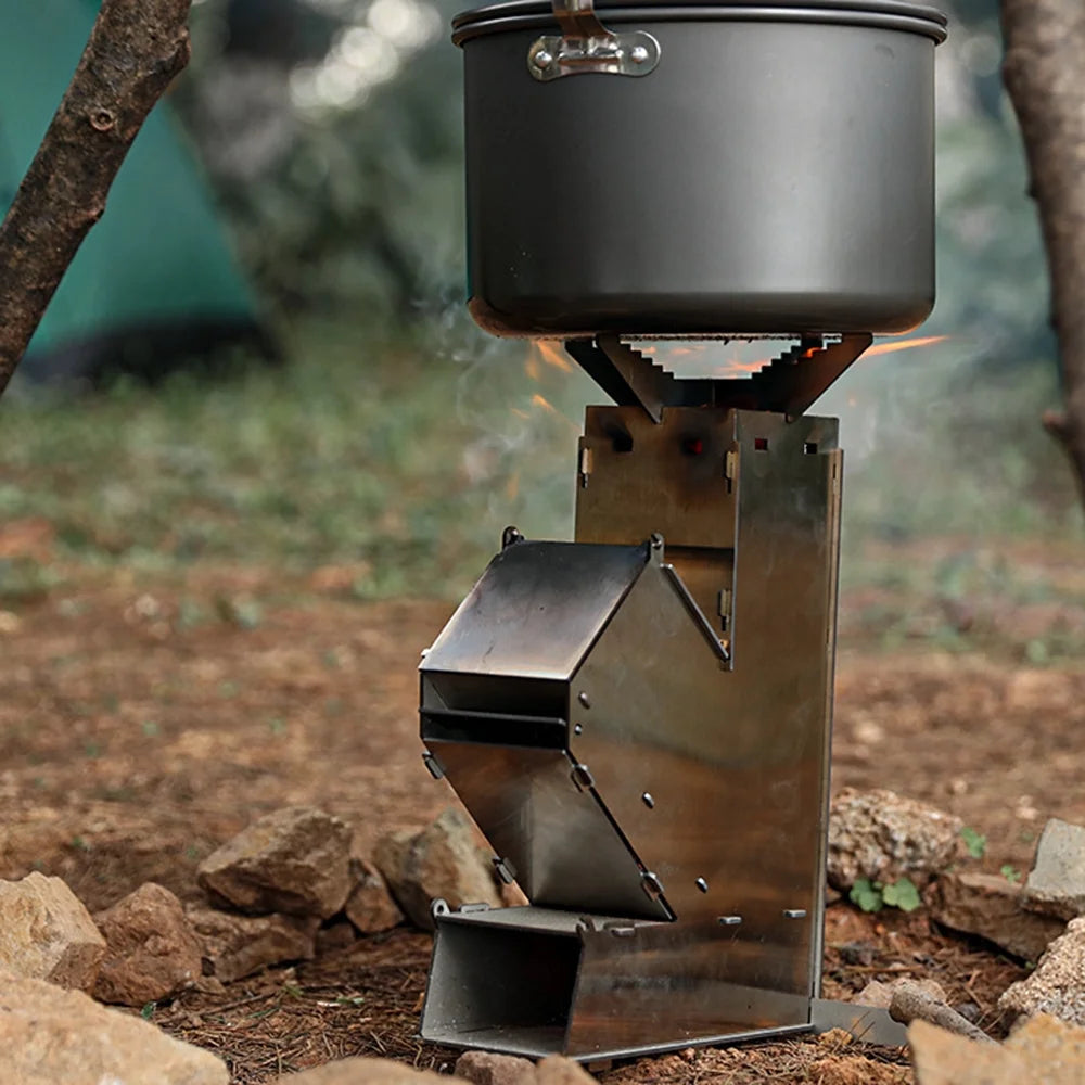 Outdoor Collapsible Wood Burning Portable Stainless Steel Rocket Stove T853934