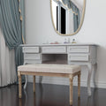 Beige Upholstered Bench with Carved Wood Legs I183838