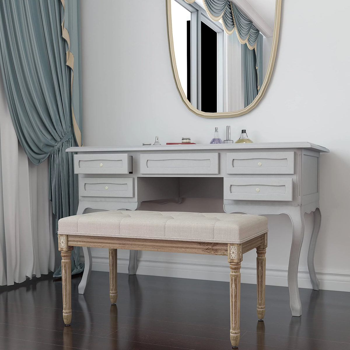 Beige Upholstered Bench with Carved Wood Legs I183838