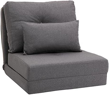 Convertible Flip Chair Floor Lazy Sofa Folding Upholstered Couch Bed with Adjustable Backrest Metal Frame and Pillows Dark Grey D7958